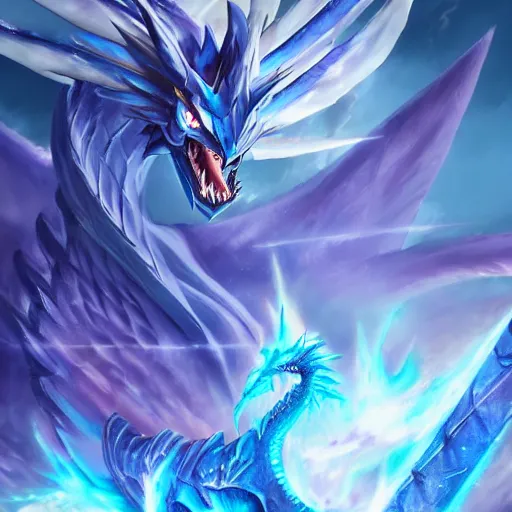 Image similar to a blue eye white dragon, yugioh card game art, battlefield background, bright art masterpiece artstation. 8 k, sharp high quality artwork in style of jose daniel cabrera pena and greg rutkowski, concept art by tooth wu, blizzard warcraft artwork, hearthstone card game artwork, yugioh artwork