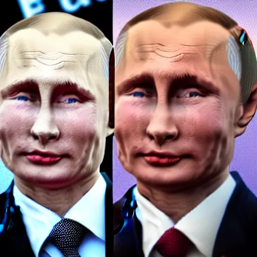 Image similar to putin teams up with a teenage putin, perfect faces