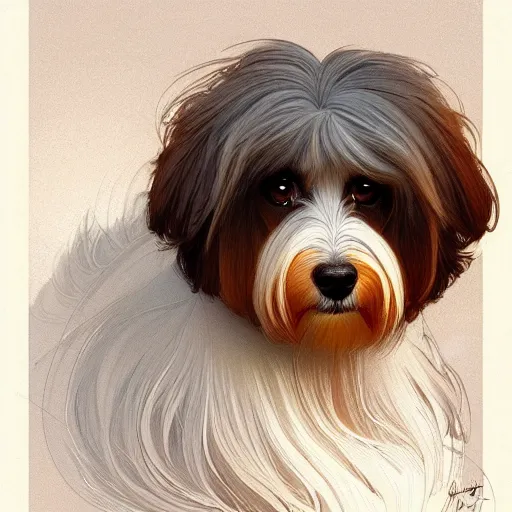 Image similar to beautiful detailed picture of a havanese, radiant light, art nouveau, intricate, elegant, highly detailed, my rendition, digital painting, artstation, concept art, smooth, sharp focus, illustration, art by artgerm and greg rutkowski and alphonse mucha