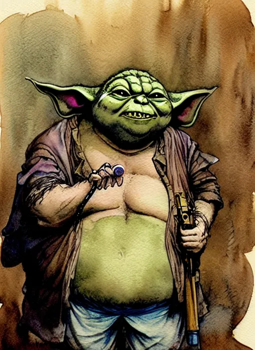 Image similar to a realistic and atmospheric watercolour fantasy character concept art portrait of a fat sleazy homeless chibi yoda wearing a wife beater and holding a handgun, by rebecca guay, michael kaluta, charles vess and jean moebius giraud