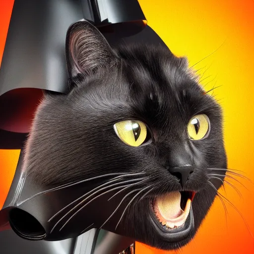 Image similar to 3 d rendered hyper realistic hyper detailed black cat wearing a cat - shaped darth vader helmet octane render, blender, 8 k