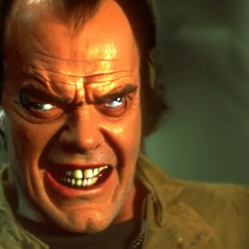Prompt: VFX movie where Jack Nicholson plays the Terminator with a glowing red eye