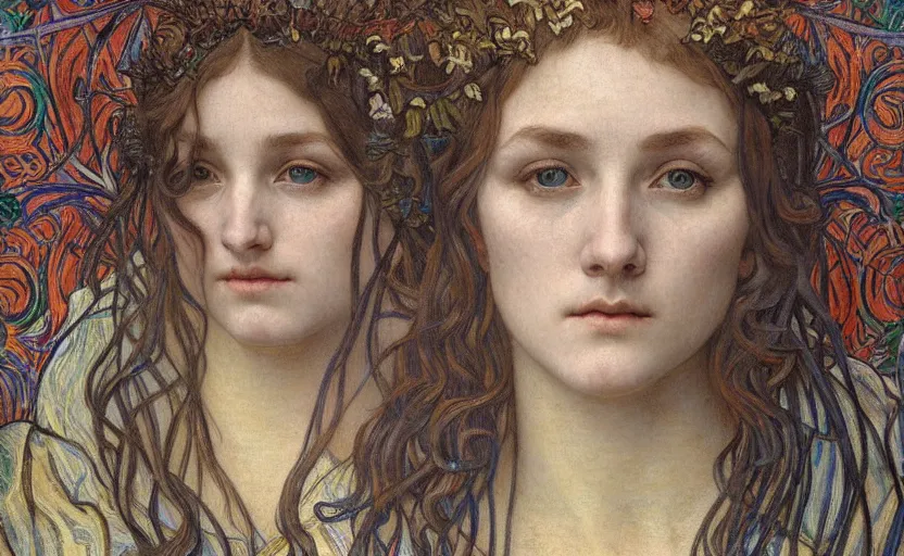 Image similar to detailed realistic beautiful young medieval queen face portrait by jean delville, alphonse mucha, vincent van gogh, and marco mazzoni, art nouveau, symbolist, visionary, gothic, pre - raphaelite