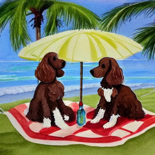 Image similar to two cute brown spaniel a by the seaside, parasols, bright towels, geometric, pop, deco, sketch, artwork