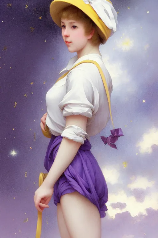 Image similar to Full View girl with short blond hair wearing an oversized purple Beret, Baggy Purple overall shorts, Short Puffy pants made of silk, silk shoes, a big billowy scarf, Golden Ribbon, and white leggings Covered in stars. Short Hair. masterpiece 4k digital illustration by Ruan Jia and Mandy Jurgens and Artgerm and william-adolphe bouguereau, award winning, Artstation, art nouveau aesthetic, Alphonse Mucha background, intricate details, realistic, panoramic view, Hyperdetailed, 8k resolution, intricate art nouveau