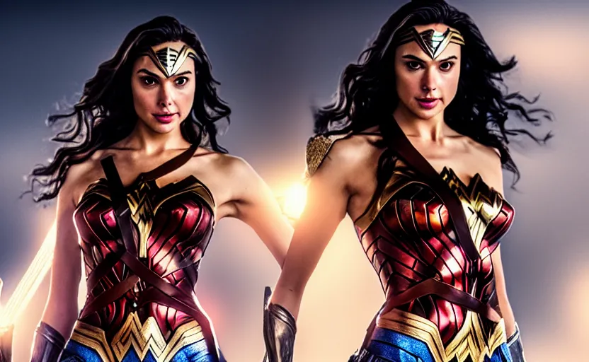 Image similar to Gal Gadot as Wonder Woman visiting Avengers headquarters, cinematic lighting, extremly high detail, photorealistic, 8k hdr pixiv dslr photo