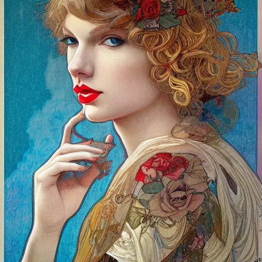 Image similar to romantic painted portrait of taylor swift by james jean, mucha, masterpiece