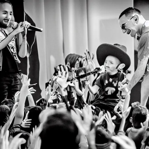 Image similar to Linkin Park Performing at a child's birthday party with children in the audience. Chester Bennington screams into the microphone, photograph