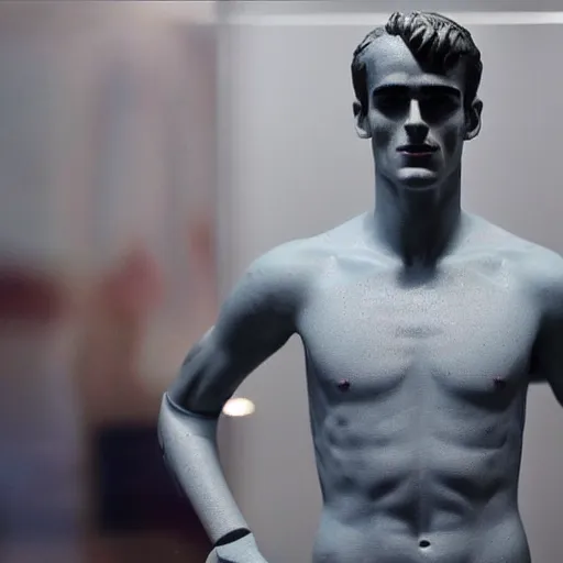 Image similar to “ a realistic detailed photo of a guy who is an attractive humanoid who is half robot and half humanoid, who is a male android, soccer player antoine griezmann, shiny skin, posing like a statue, blank stare, at the museum, on display ”