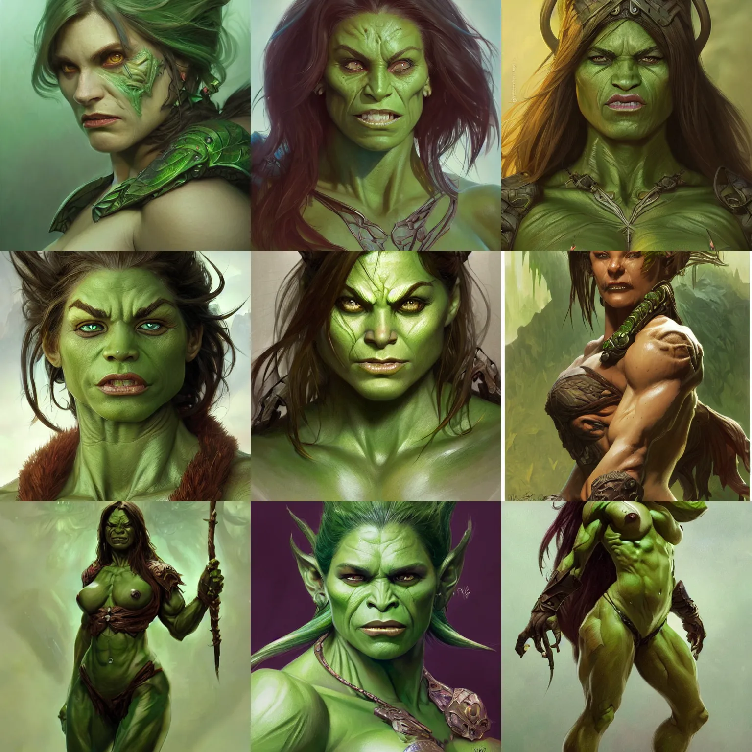 Prompt: female orc, green skin, muscular upper body, D&D, fantasy, intricate, wild, highly detailed, digital painting, artstation, concept art, smooth, sharp focus, illustration, art by artgerm and greg rutkowski and alphonse mucha