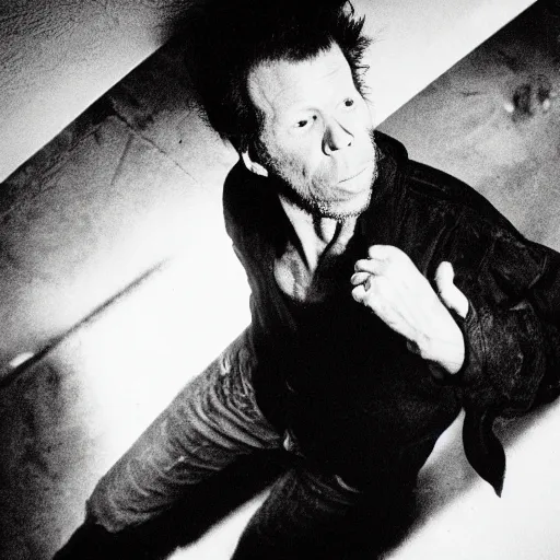 Prompt: tom waits crawling on the ceiling like he is possessed by a demon