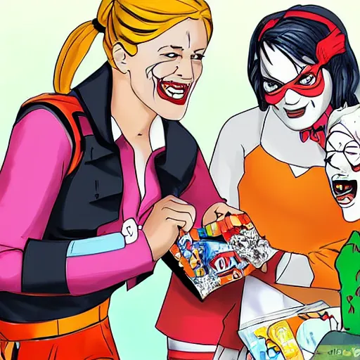 Image similar to Harley Quinn showing kids how to steal candy bars at Halloween Wikihow.