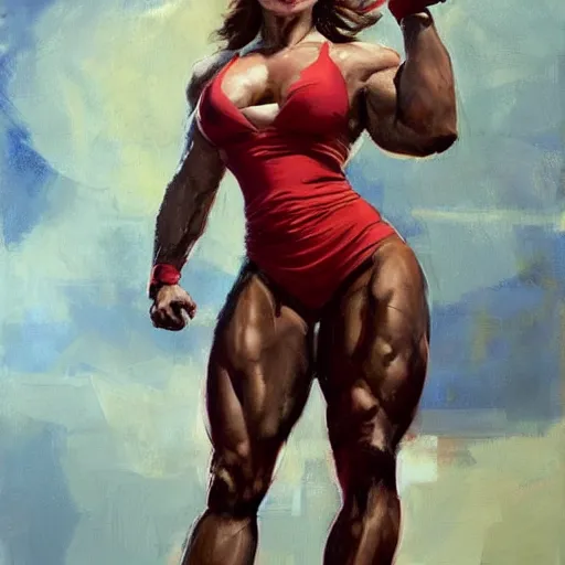 Image similar to greg manchess portrait of margot robbie as thick female bodybuilder lara croft wearing red dress, epic grimdark, fantasy, medium shot, asymmetrical, profile picture, organic painting, sunny day, matte painting, bold shapes, hard edges, street art, trending on artstation, by huang guangjian and gil elvgren and sachin teng