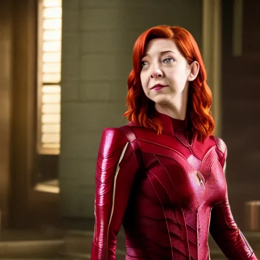 Image similar to Willow Rosenberg (Alyson Hannigan) from BtVS, as the Scarlet Witch, film still from 'Avengers Endgame'