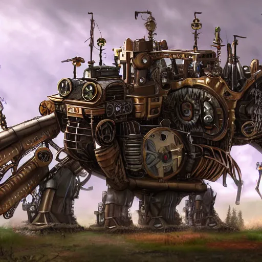 Prompt: steampunk colossal mech fortress travels across a swedish forest very low angle photograph trending on artstation