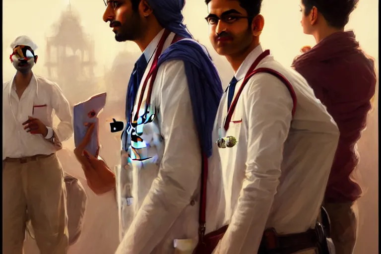 Image similar to Anxious good looking pale young Indian doctors wearing American clothes at the airport, portrait, elegant, intricate, digital painting, artstation, concept art, smooth, sharp focus, illustration, art by artgerm and greg rutkowski and alphonse mucha