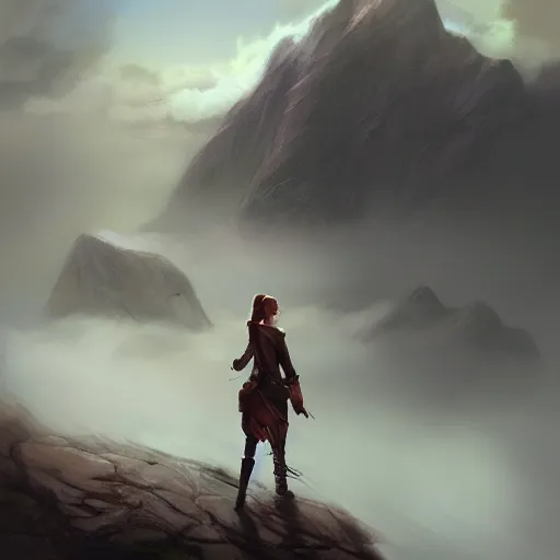 Prompt: digital portrait painting of an adventurer woman facing away from the camera, looking at cliffs and mountains in the distant fog, trending on artstation, cgsociety