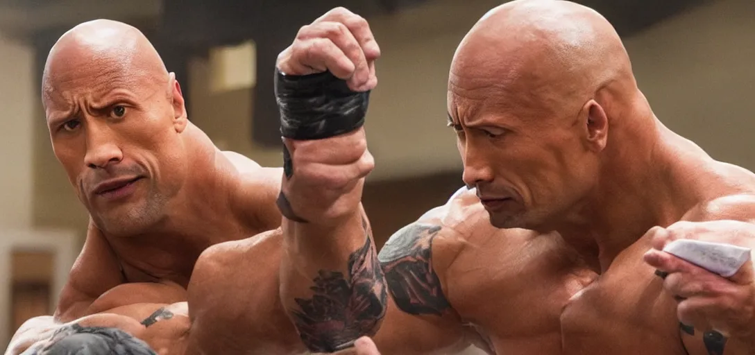 Prompt: Dwayne Johnson fights with a piece of paper