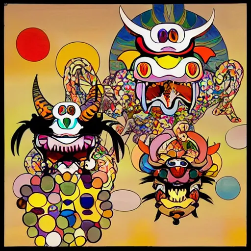 Image similar to Three demons flying up from a desert canyon in the style of Takashi Murakami