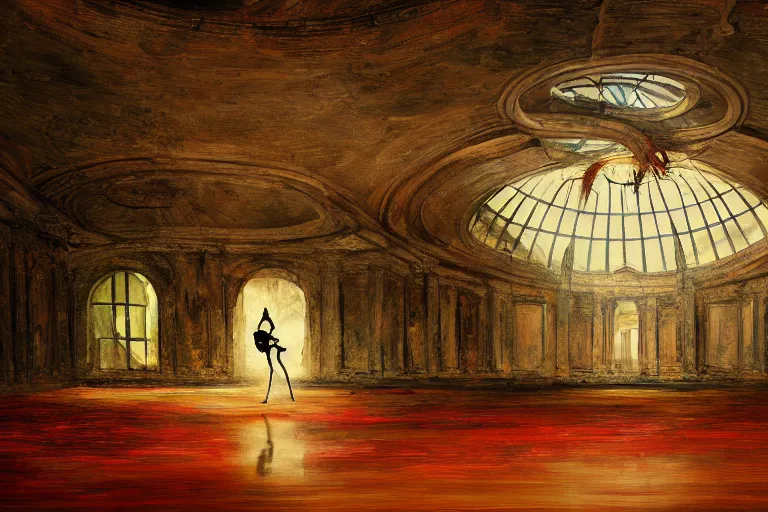 Image similar to a beautiful painting of a domed decaying ballroom, rot and vines everywhere, in center an elegant dancer on flamingo legs, by salvador dali, artstation, dramatic lighting