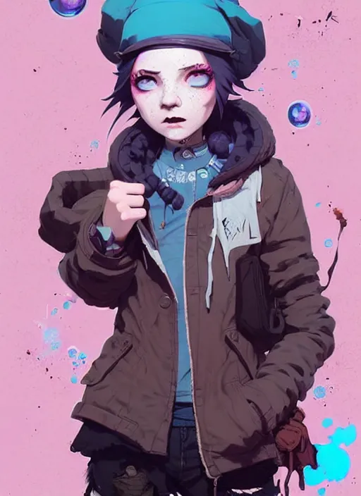 Prompt: highly detailed portrait of a sewer punk lady student, blue eyes, bubble jacket, hat, white hair by atey ghailan, by greg rutkowski, by greg tocchini, by james gilleard, by joe fenton, by kaethe butcher, gradient pink, black, brown and light blue color scheme, grunge aesthetic!!! ( ( graffiti tag wall background ) )