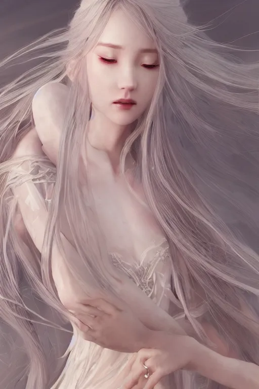 Prompt: a beautiful sorceress leaning with elegant looks, flowing robe, ornate and flowing, intricate and soft by miho hirano, ruan jia, yoshitaka amano, wlop, vray render, artstation, deviantart, pinterest, 5 0 0 px models