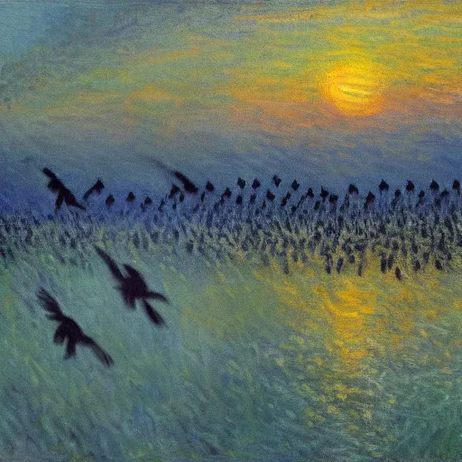 Prompt: a painting of a beautiful flock of crows flying at sunset, trending on artstation, masterpiece, in the style of Claude Monet