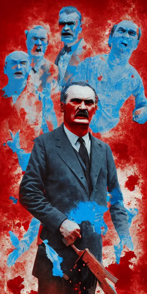 Prompt: Mustafa Kemal Ataturk fighting with zombies, digital art, red and blue