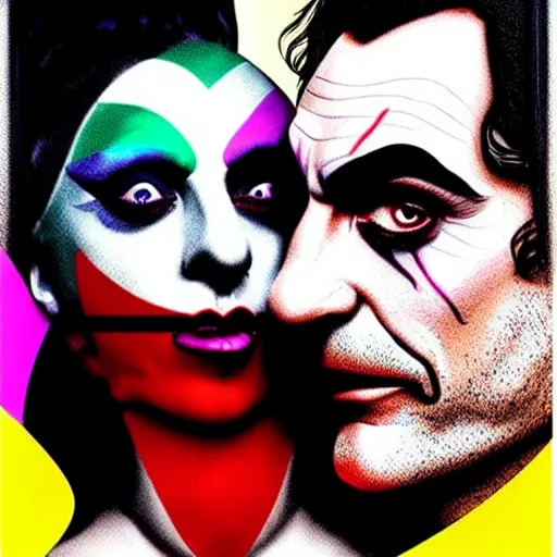 Image similar to richard hamilton and mimmo rottela as lady gaga harley queen and joaquin phoenix joker kissing, pop art, medium long shot, 3 color, separate content, object details, dynamic composition, 4 k, ultra realistic art, smooth, sharp focus, illustration, concept art, intricate details, h 7 6 8