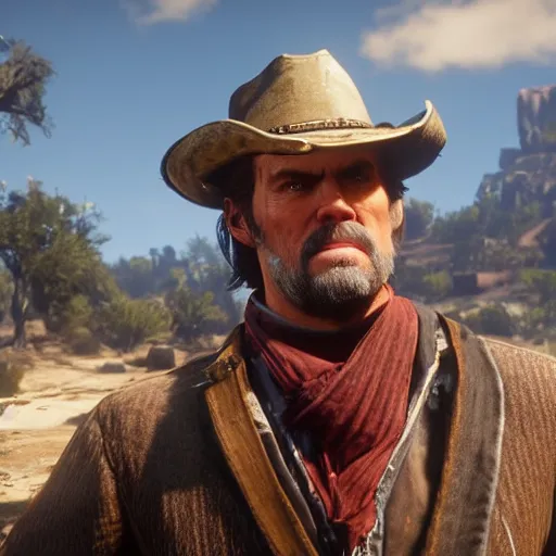 Image similar to jim carey stars as dutch van der linde in the playstation 4 video game red dead redemption 2, detailed screenshot beautiful!