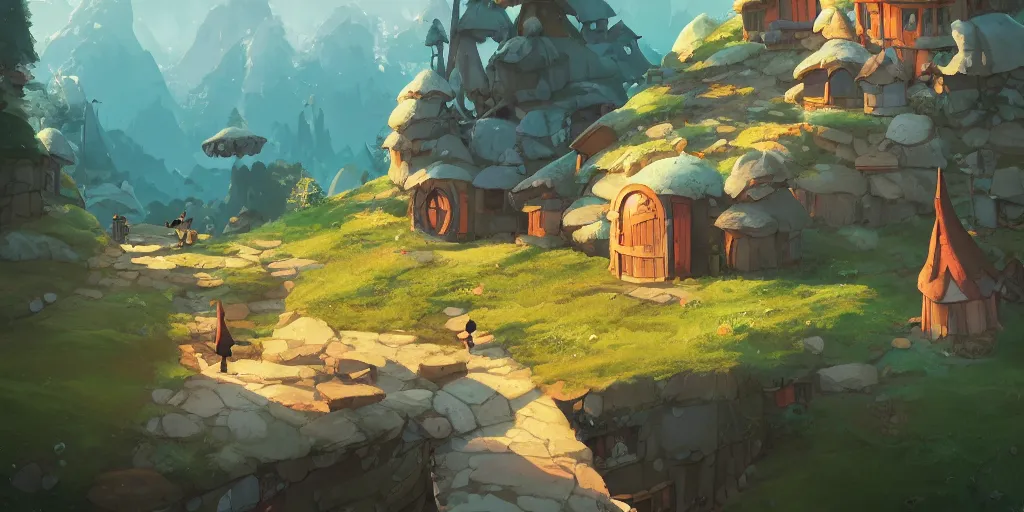 Image similar to magic hobbit mushrooms house in mountains, by cory loftis & akihiko yoshida & james gilleard & atey ghailan & makoto shinkai & goro fujita & studio ghibli, rim light, exquisite lighting, clear focus, magic atmosphere, very coherent, plain background, soft painting