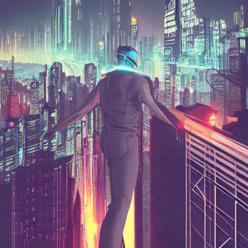 Image similar to a man standing on top of a bridge over a city, cyberpunk art by vincent lefevre, behance contest winner, altermodern, cityscape, synthwave, matte painting