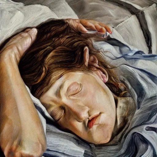 Prompt: high quality high detail painting by lucian freud, hd, exhausted girl portrait, photorealistic lighting