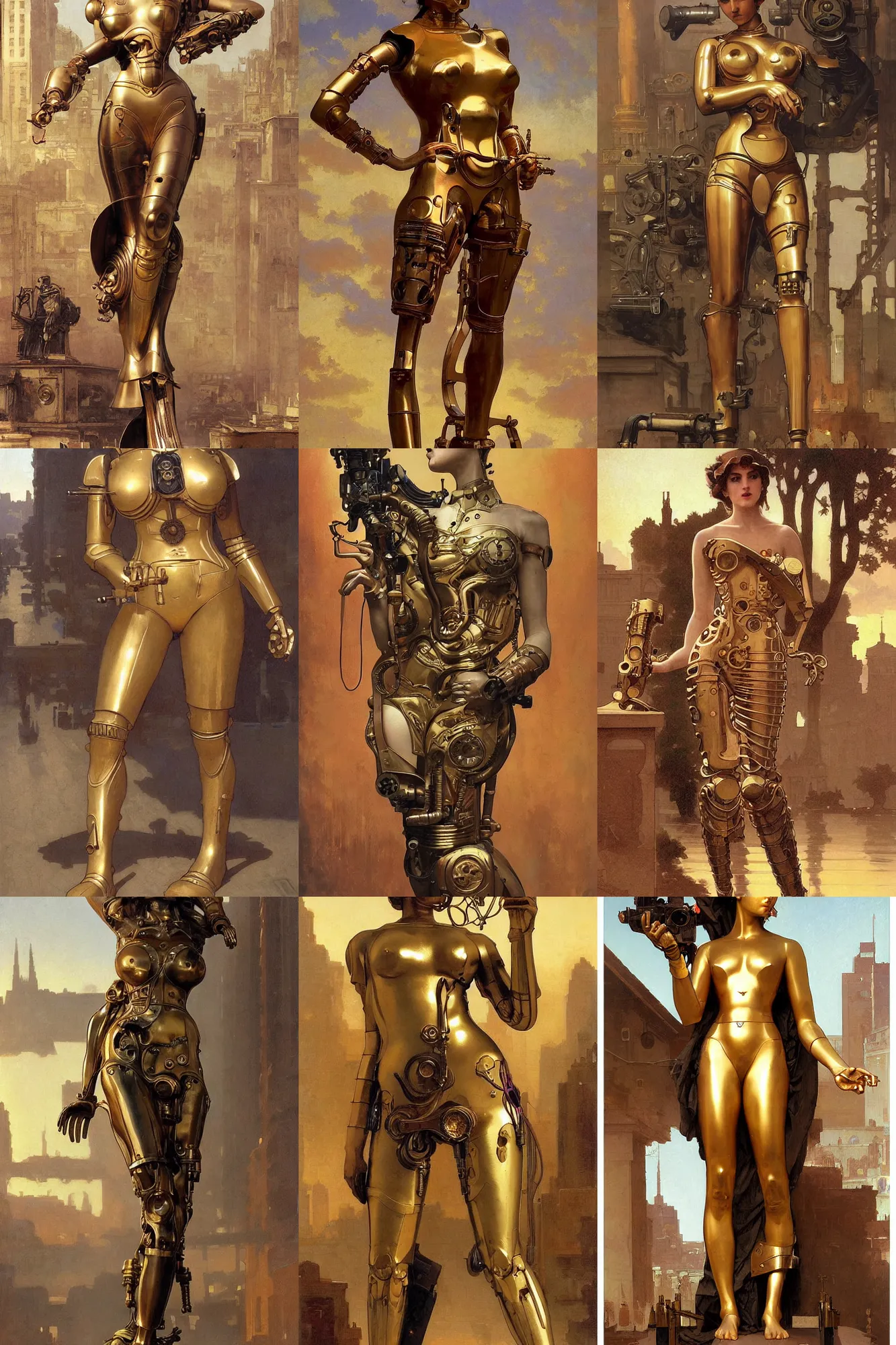 Prompt: brass semi - mechanical woman, portrait, floral art novuea dress, art by ardian syaf and moebius, william adolphe bouguereau, in steampunk cityscape, golden hour, robotic prosthetic limbs