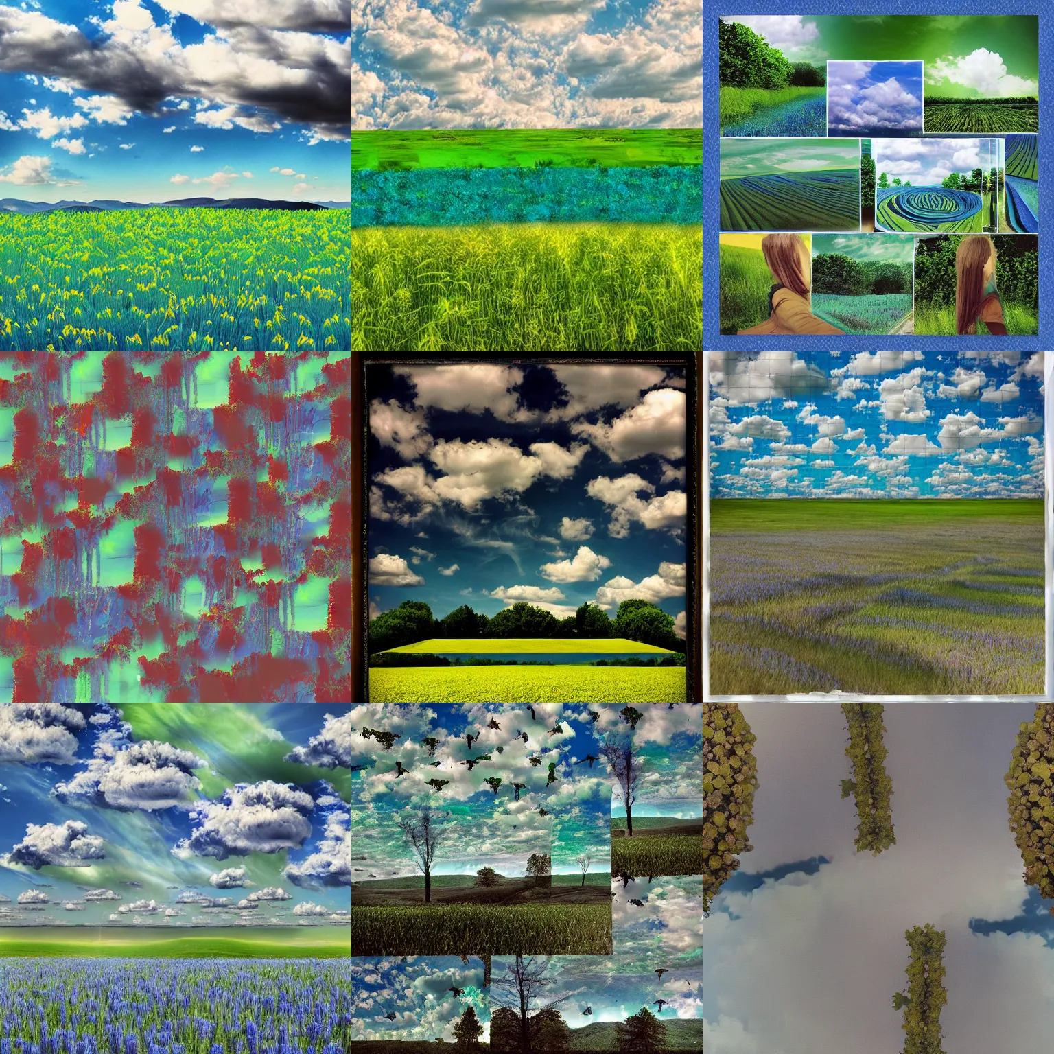 Prompt: a blu field, a green sky, surreal collage