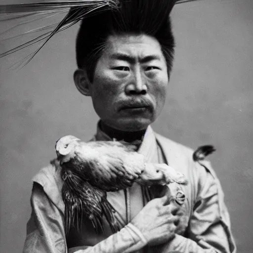 Prompt: a japanese warrior with a chicken hair, photo by gustave baumann