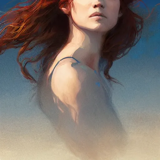 Image similar to A beautiful woman walking on the beach towards the viewer, high detail, 8K illustration, dynamic lighting, digital art, colorful, beautiful facial features, long hair, blue eyes sunny, art by Leesha Hannigan and Greg Rutkowski,