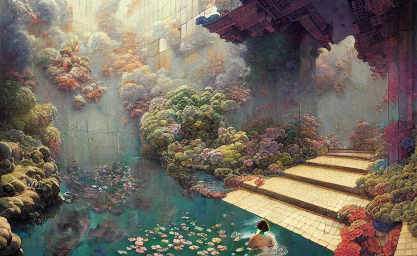 Image similar to tiled room squared waterway, fantasy. intricate, amazing composition, colorful watercolor, by ruan jia, by maxfield parrish, by marc simonetti, by hikari shimoda, by robert hubert, by zhang kechun, illustration, gloomy