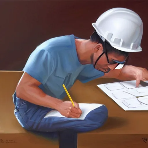 Image similar to a worker wearing a hardhat writing in a notepad with a calculator, by rhads, 3 d