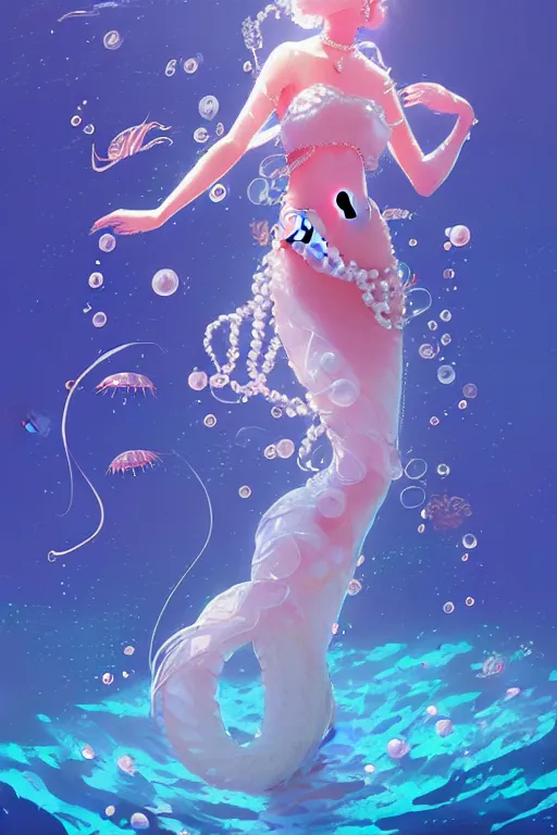 Image similar to a beautiful queen of ocean in the middle of coral reefs, pearl crystal jewelry, complex and shiny dress inspired by jellyfish, by ross tran and atey ghailan, by greg rutkowski, by greg tocchini, by james gilleard, by joe fenton, by kaethe butcher, dynamic lighting, grunge aesthetic