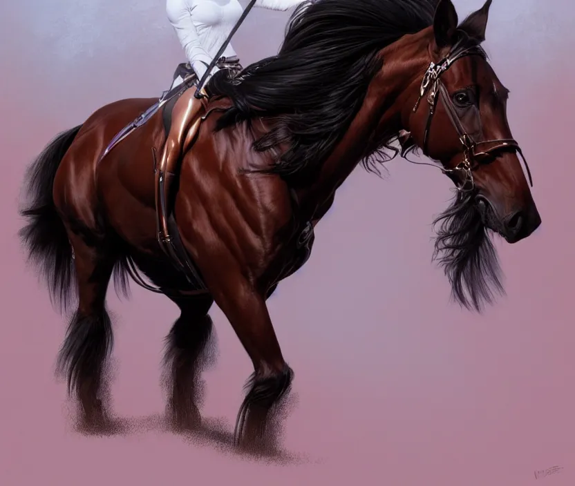 Image similar to full body portrait of beautiful black woman on horseback, beautiful clydesdale, highly detailed, digital painting, artstation, concept art, smooth, sharp focus, illustration, face by wlop, illustrated by mars ravelo and greg rutkowski