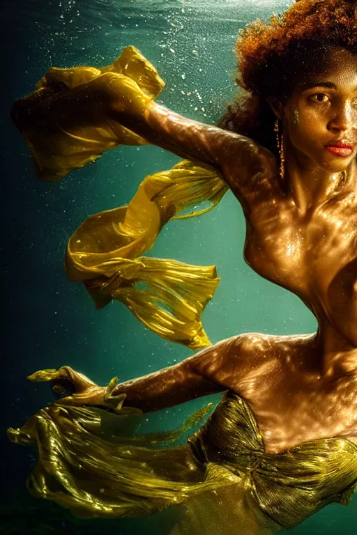 Prompt: hyperrealistic post - rococo cinematic half underwater scene with fish and algae, very expressive! translucent elegant african goddess getting out of water, gold jewerly, highly detailed face, digital art masterpiece, aykut aydogdu zener, dramatic volumetric light, long shot, low angle uhd 8 k, sharp focus