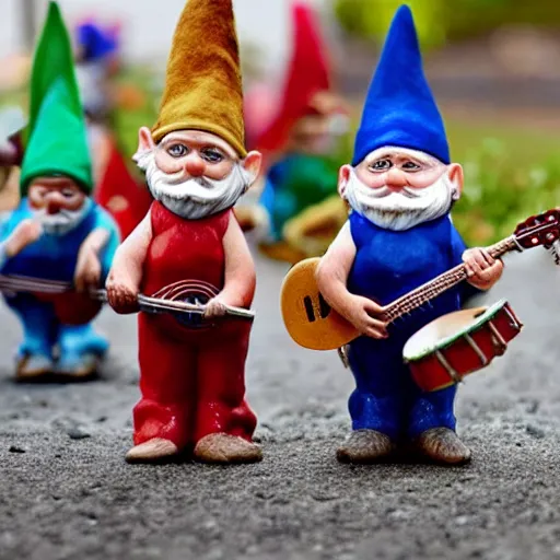 Image similar to gnomes playing in a band, musical instruments,