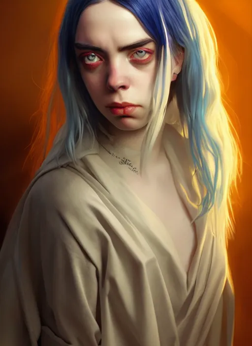 Image similar to Overlord Billie Eilish, highly detailed, digital painting, artstation, concept art, sharp focus, illustration, art by wlop and J. C. Leyendecker and Edmund Bliar Leighton and Charlie Bowater