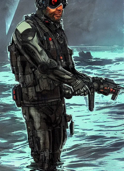 Image similar to black widow. USN blackops operator emerging from water at the shoreline. Operator wearing Futuristic cyberpunk tactical wetsuit and looking at an abandoned shipyard. Frogtrooper. rb6s, MGS, and splinter cell Concept art by James Gurney, Alphonso Mucha. Vivid color scheme.