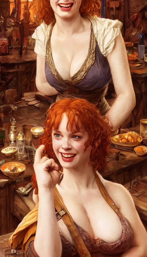 Image similar to young christina hendricks in a tavern, energetic, laughing, fit, warhammer, lord of the rings, sweaty, strong, intricate, highly detailed, digital painting, artstation, concept art, smooth, sharp focus, illustration, unreal engine 5, 8 k, art by artgerm and greg rutkowski and alphonse mucha