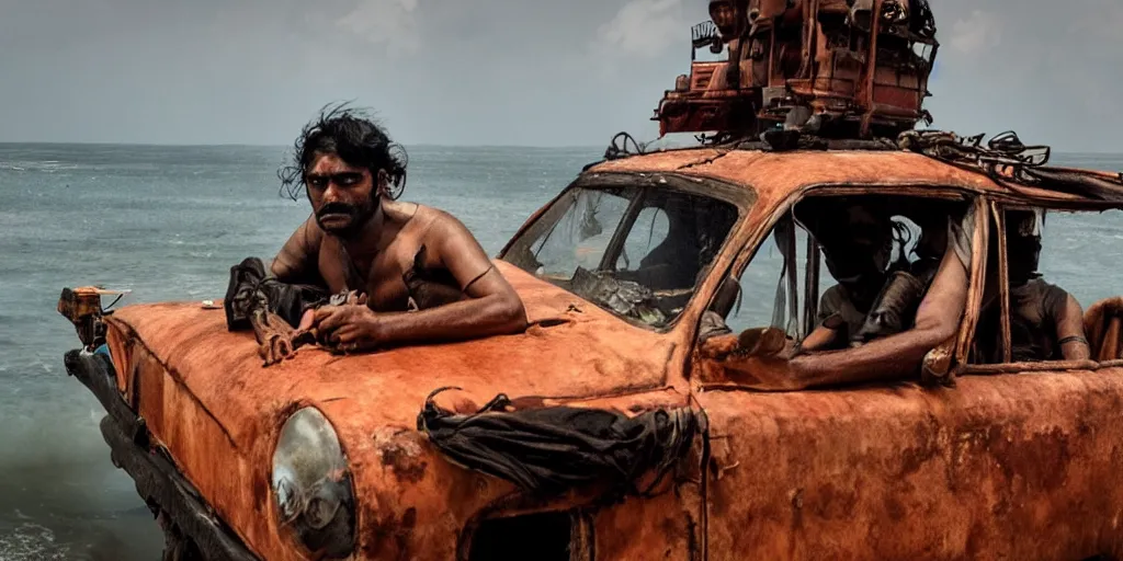 Prompt: sri lankan mad max style, ocean ship, film still, epic shot cinematography, rule of thirds