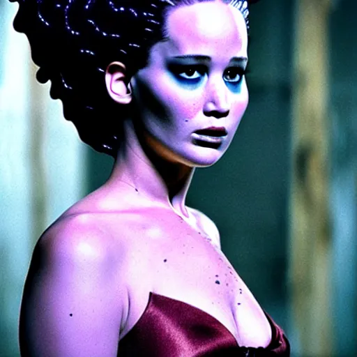 Image similar to jennifer lawrence as the bride of frankenstein, color photography, sharp detail, confused, still from the movie underworld