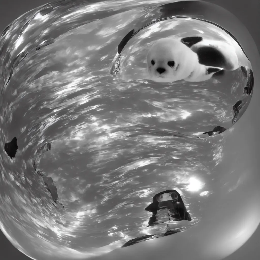 Image similar to full length portrait of a baby harp seal reflected in a chrome sphere, ultra wide 1 0 mm, by m c escher pen and paper