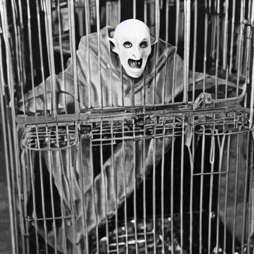 Image similar to nosferatu in a small cage at a pet store, for sale, surrounded by caged animals, detailed photograph